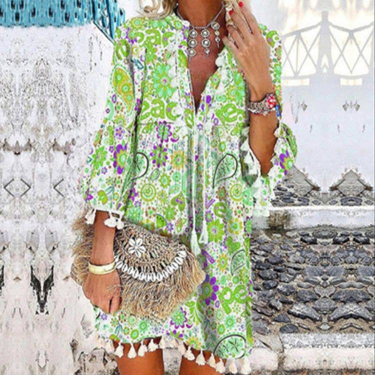 Priya Women Print V Neck Tassel 3/4 Sleeve Shift Dress Bohemian Casual Knee Length Dress: Blue / S