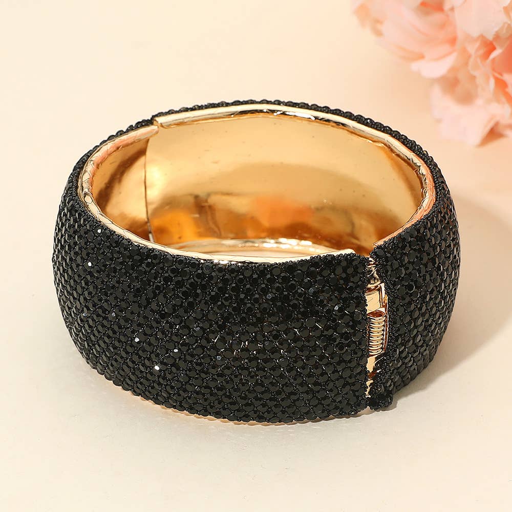 Wide Paved Hinged Evening Bangle Bracelet: Cream,Gold