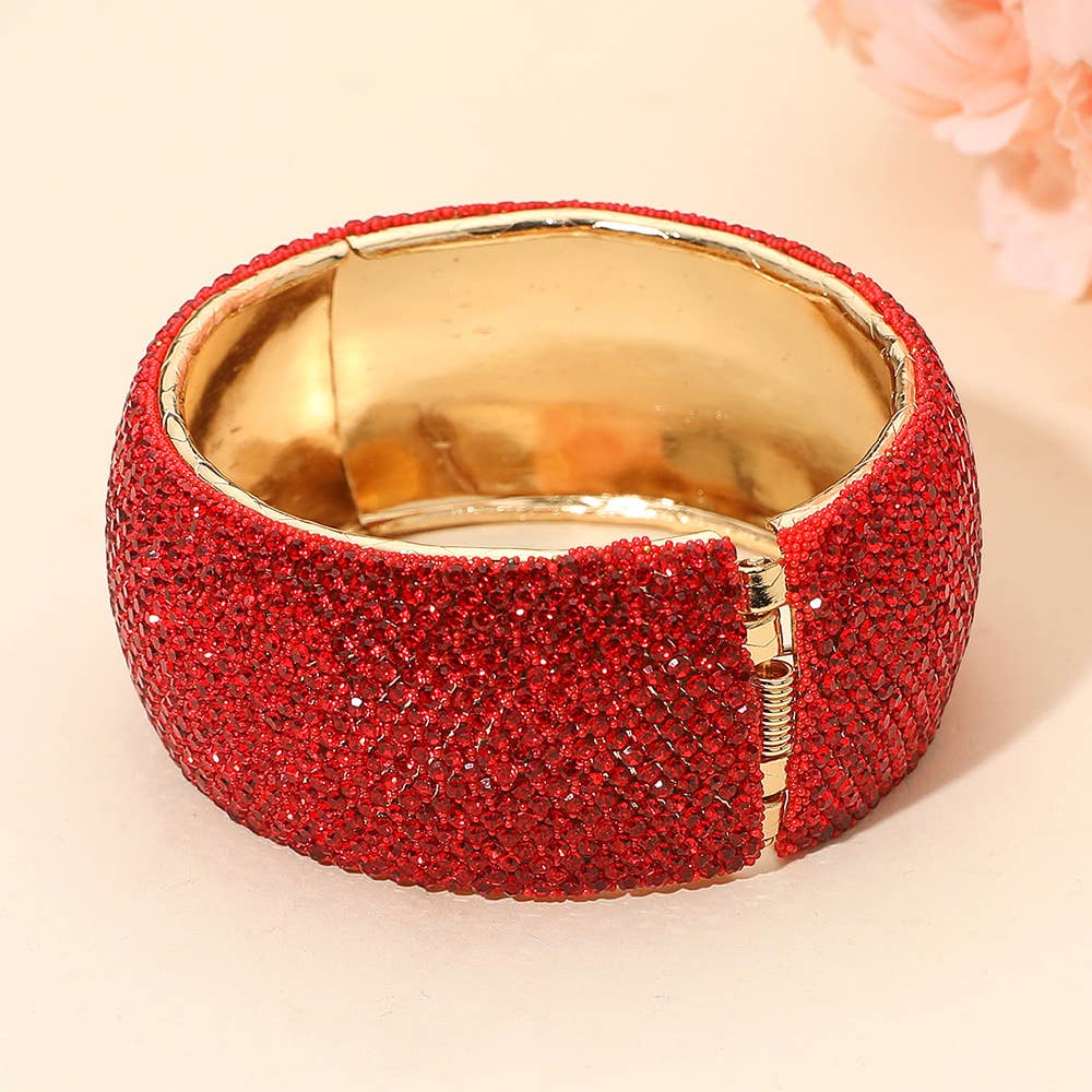 Wide Paved Hinged Evening Bangle Bracelet: Clear,Gold