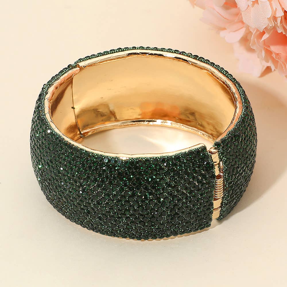 Wide Paved Hinged Evening Bangle Bracelet: Clear,Gold