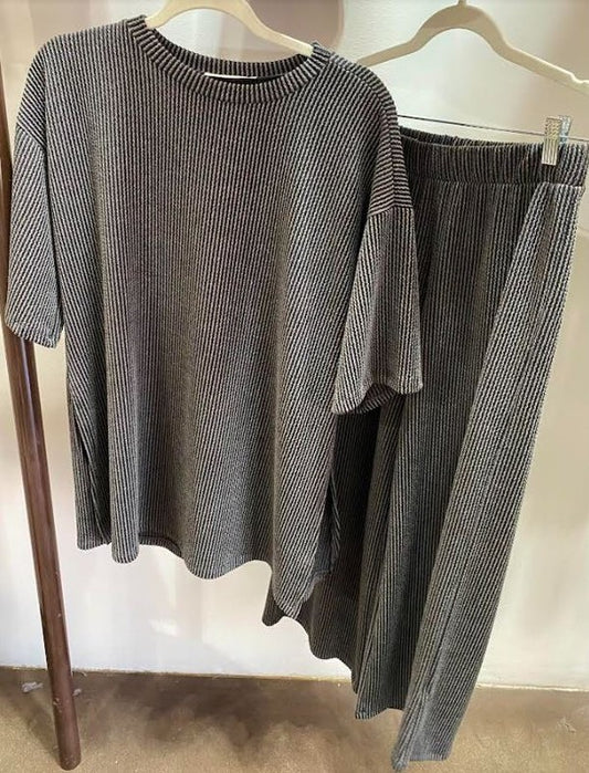 Maria Ribbed Oversized Crop Length Pants Set Grey