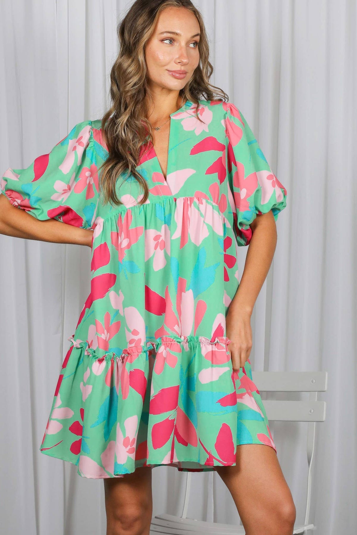 Clover Floral Print V-Neck Tired Baby Doll Mini Dress VD82057M: Mint