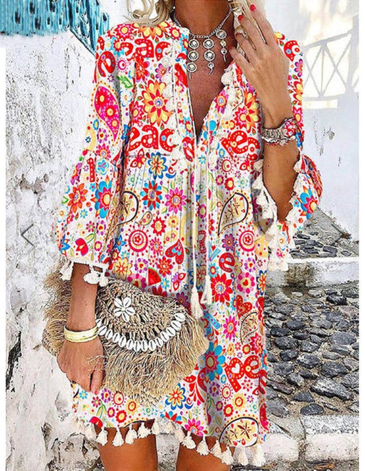Priya Women Print V Neck Tassel 3/4 Sleeve Shift Dress Bohemian Casual Knee Length Dress: Red / S