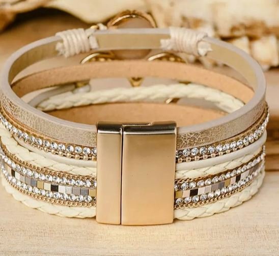 B50 Bohemian Heart Rhinestone Magnetic Buckle Bracelet Wine Red