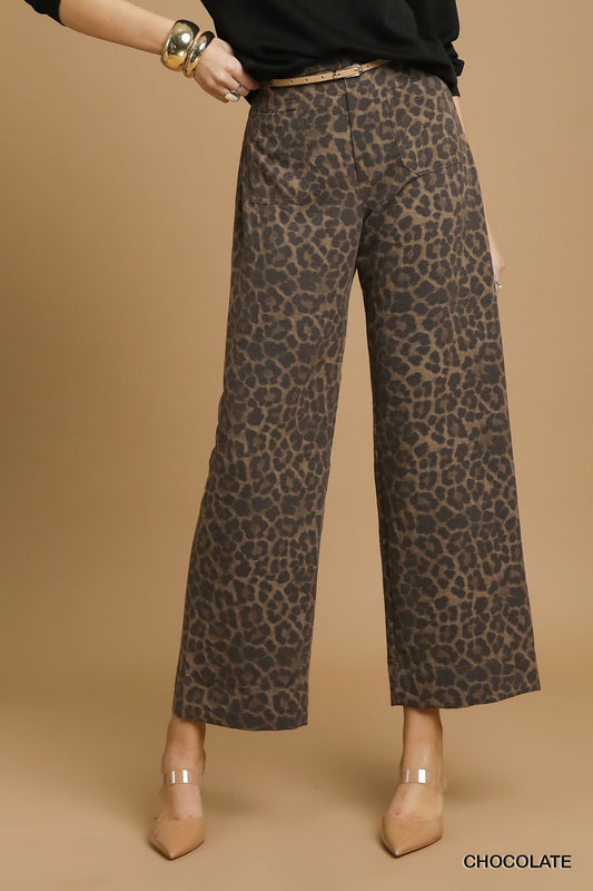 Faye Animal Print Non- Stretch Wide Leg Pants Chocolate