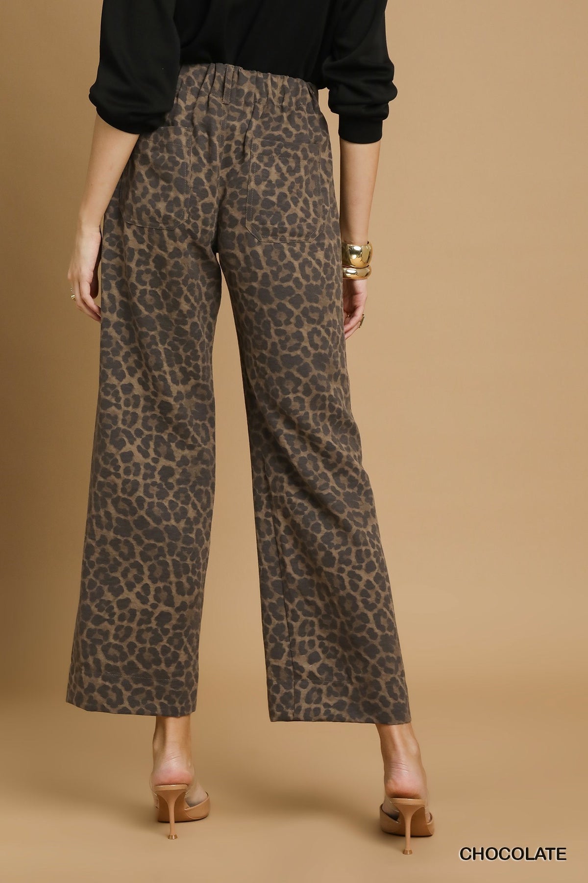 Faye Animal Print Non- Stretch Wide Leg Pants Chocolate