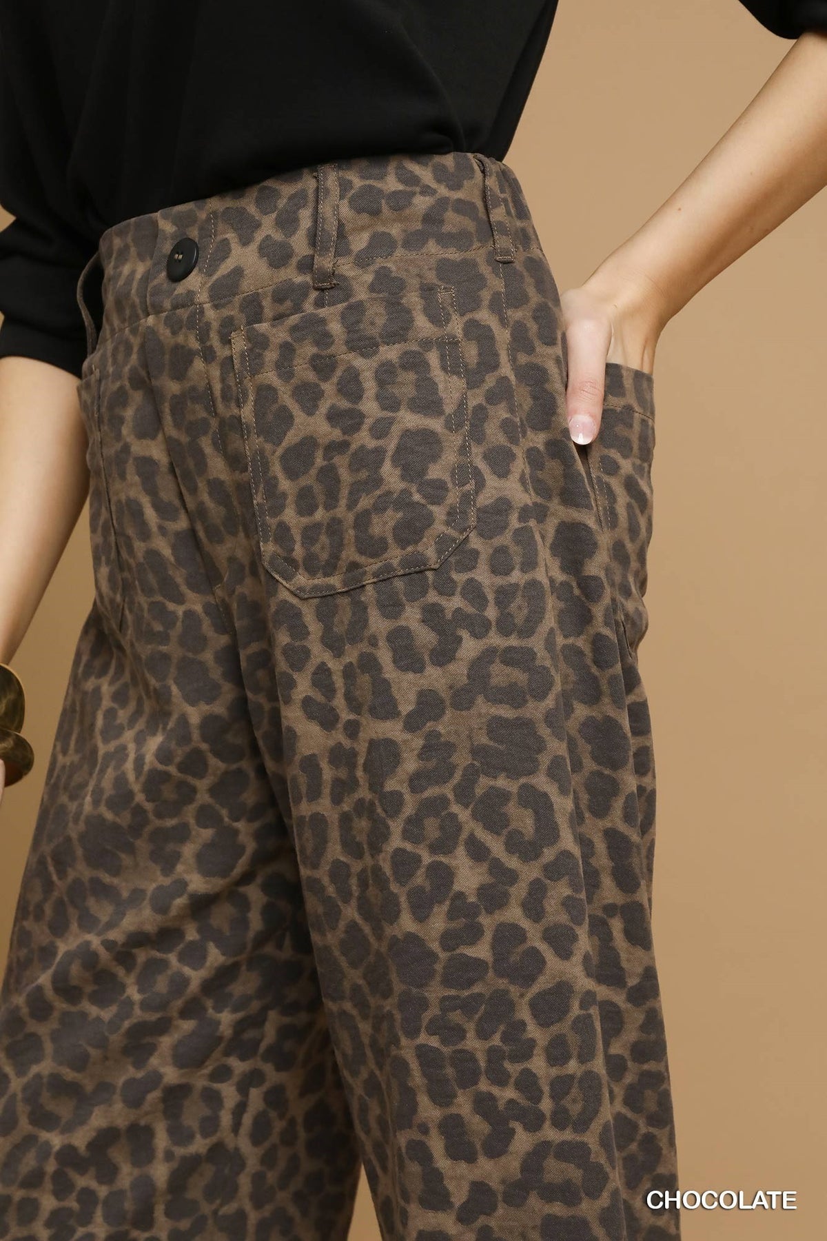 Faye Animal Print Non- Stretch Wide Leg Pants Chocolate
