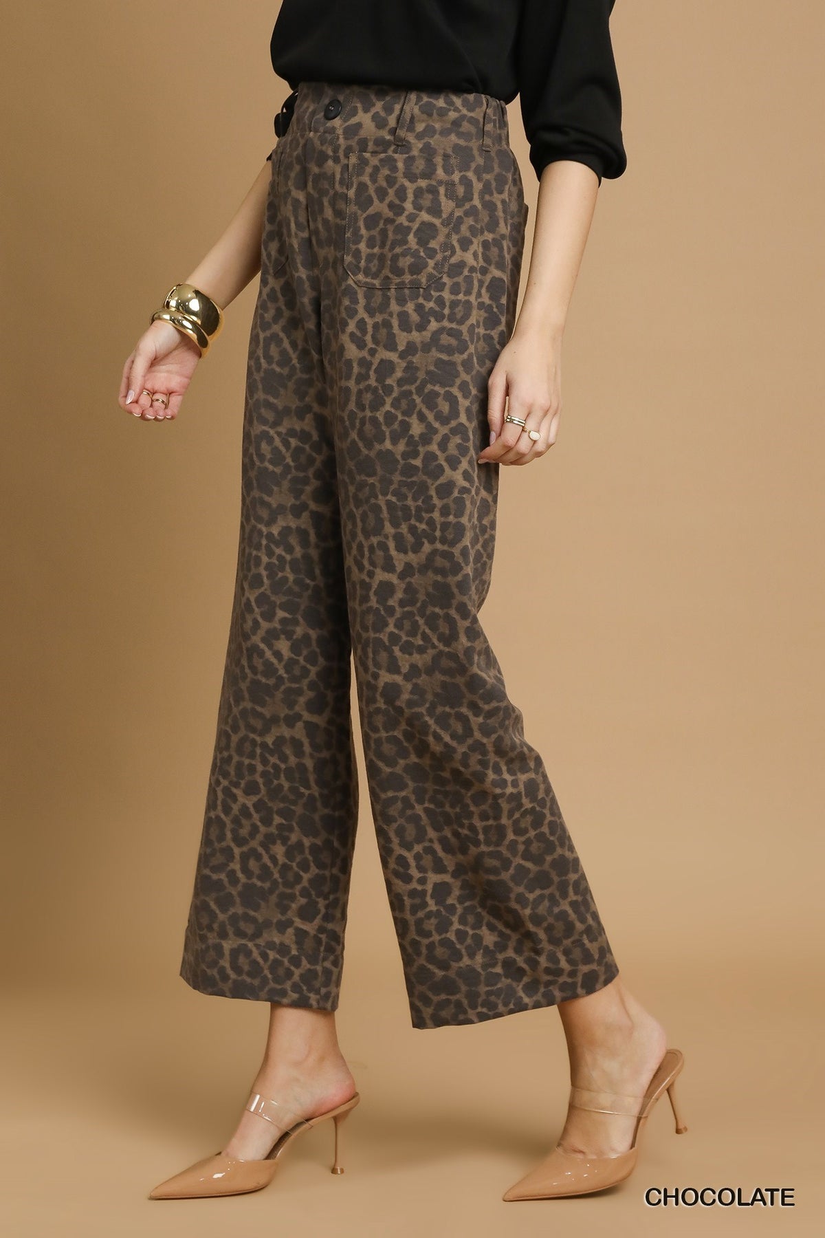 Faye Animal Print Non- Stretch Wide Leg Pants Chocolate