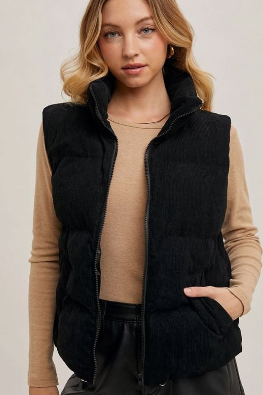 Corduroy Puffer Vest Zipper Front