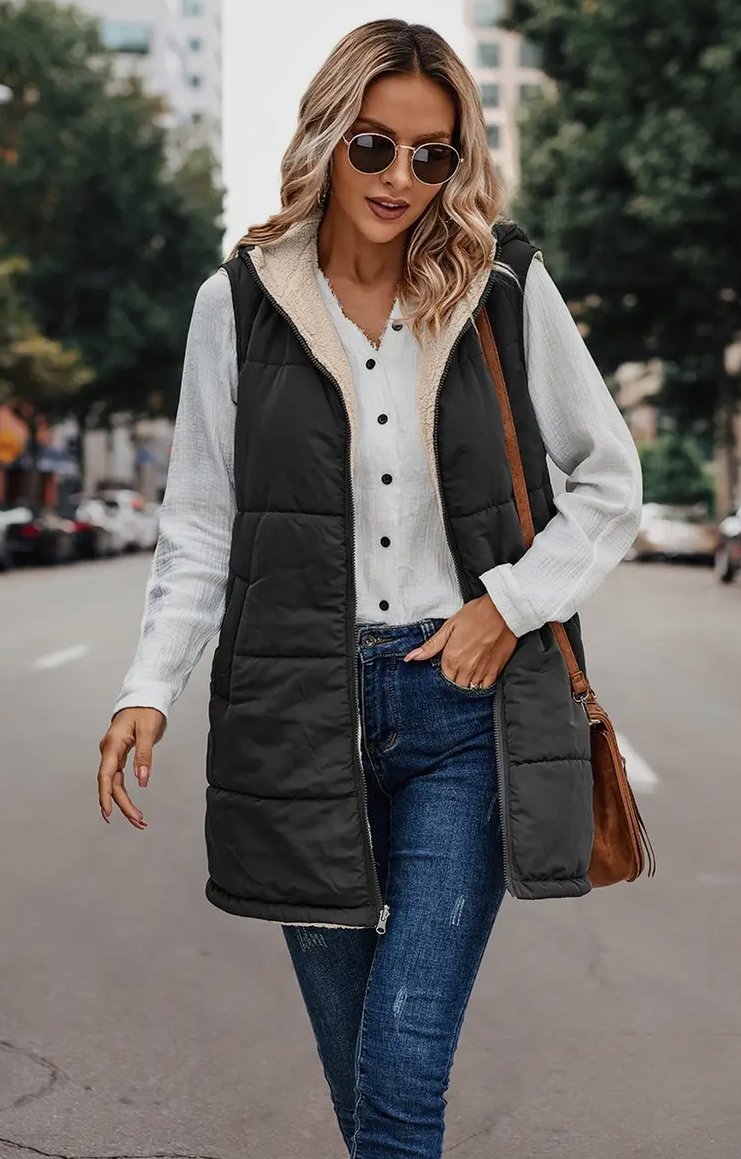 Sherpa Lined 3/4 length Puffer Vest Black