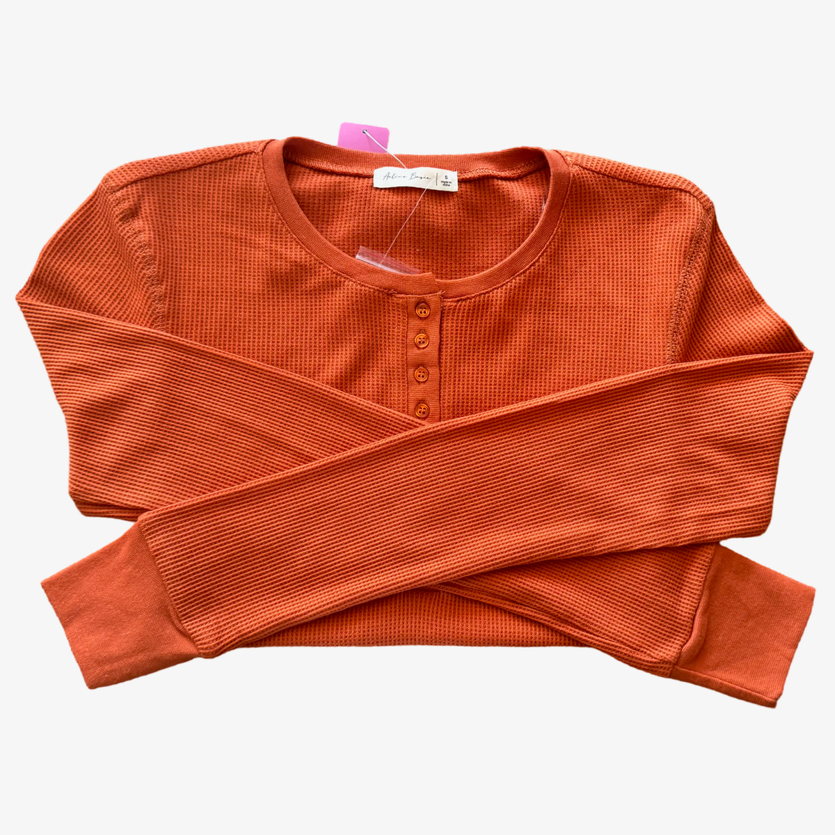 Waffle Knit Henley Long-sleeved Top Orange