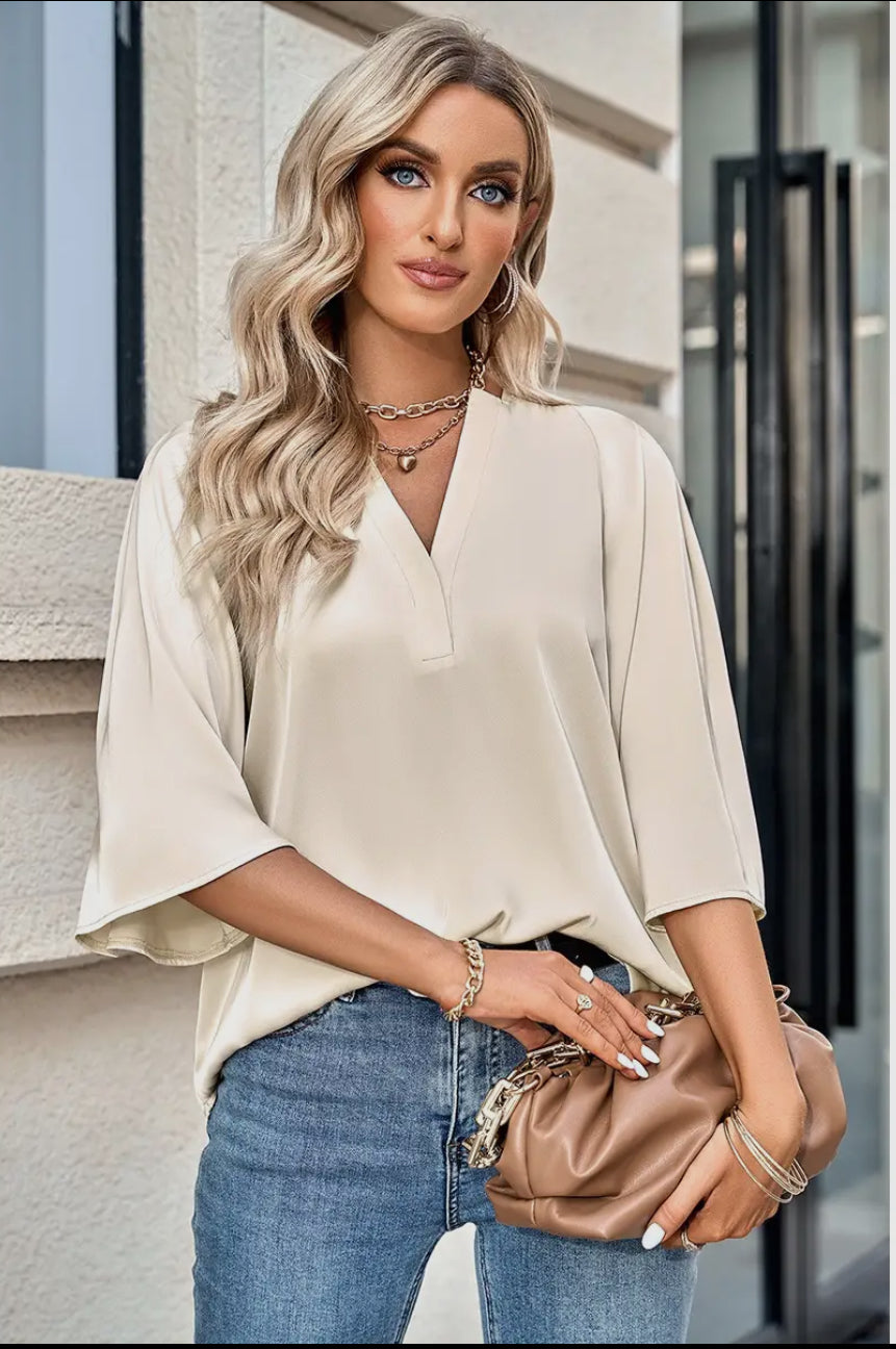 Chloe Solid V Neck Satin High Low Hem Blouse Beige