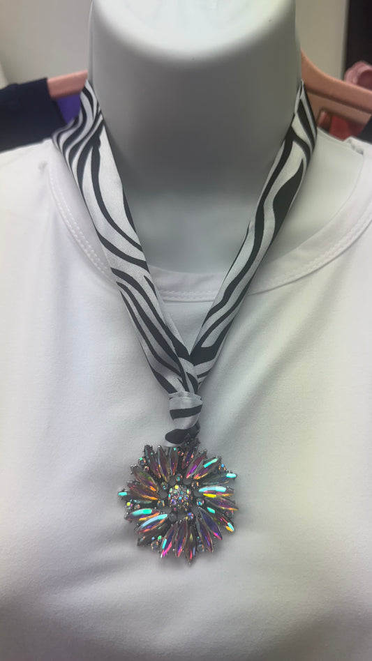 Black and White Twilly Scarf Necklace with Flower Pendant