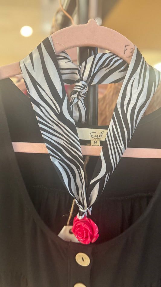 N110  Zebra Twilly Scarf Necklace with Pink Resin Rose Pendant