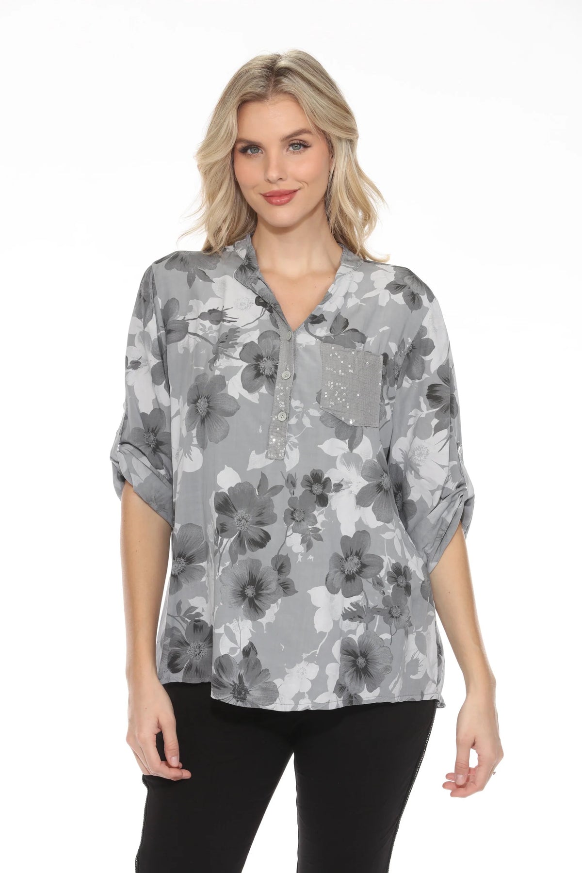 Paloma Printed One Pocket Sequin Top Grey