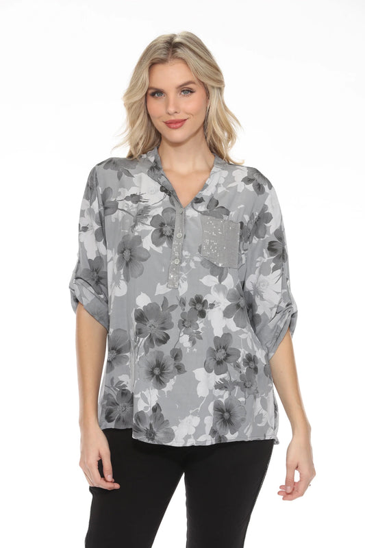 Paloma Printed One Pocket Sequin Top Grey