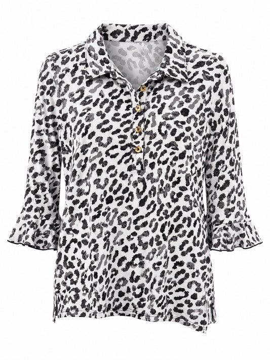 Paxton Ruffle 3/4 Sleeve Collared Top -Leopard