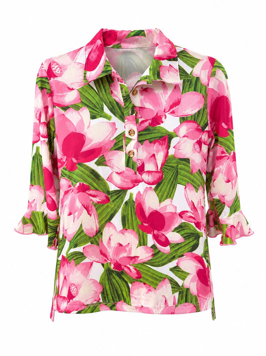 Paxton Ruffle 3/4 Sleeve Collared Top -Pink Floral