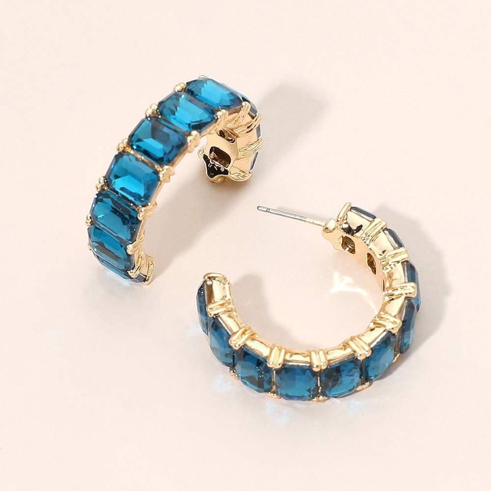 Faceted Rect Gem Hoop Earrings Blue