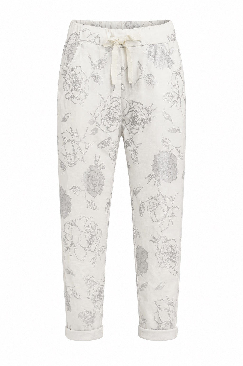 Janna White Pant w/Silver Flower  Stretch Pants