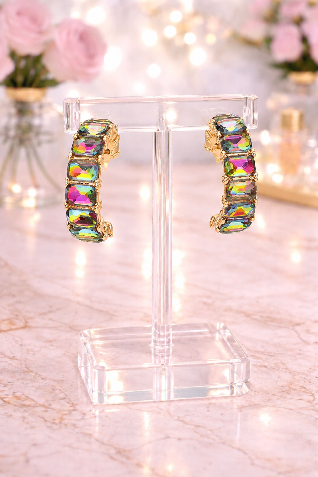 Faceted Rect Gem Hoop Earrings Volcano