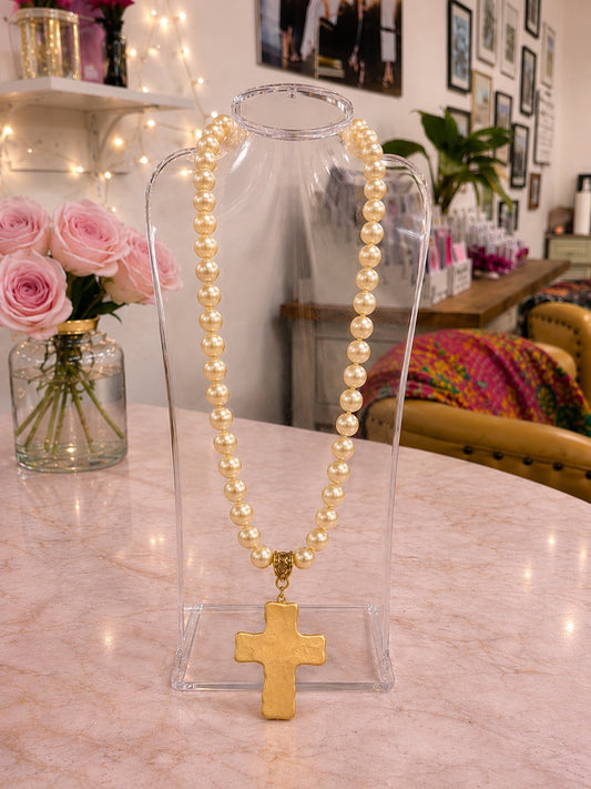 Gold Cross Necklace on Pearls