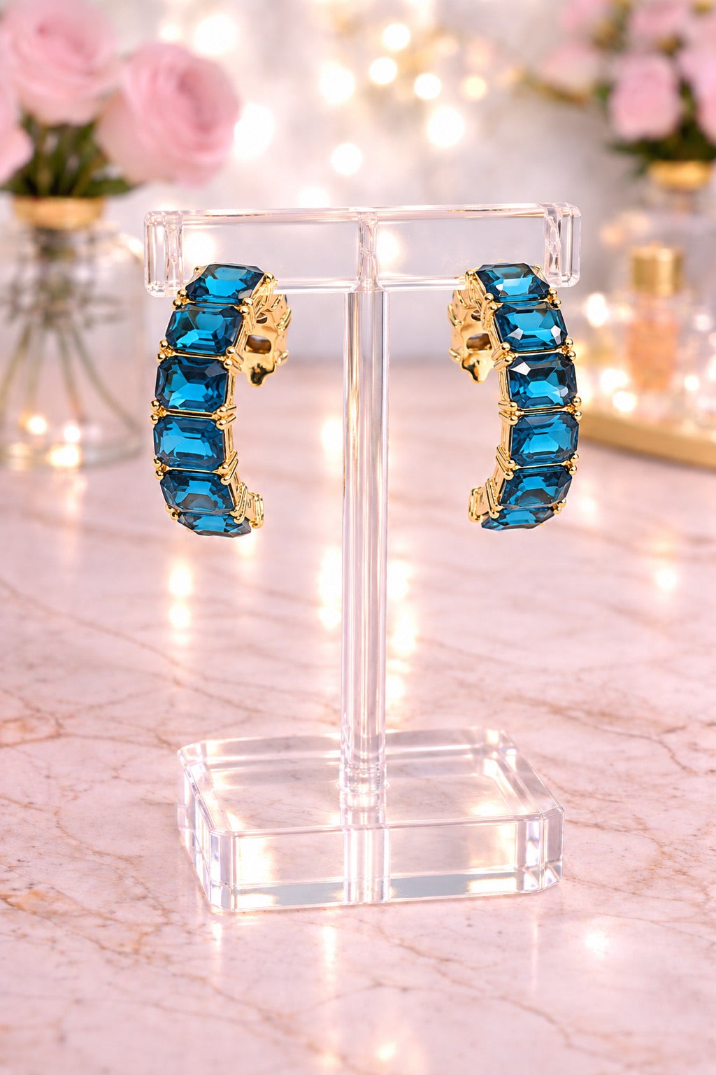 Faceted Rect Gem Hoop Earrings Blue