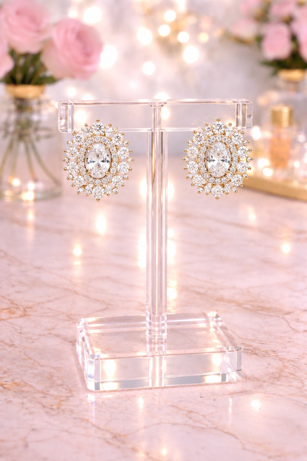 Oval Cz Stone Pointed Stud Earrings Gold