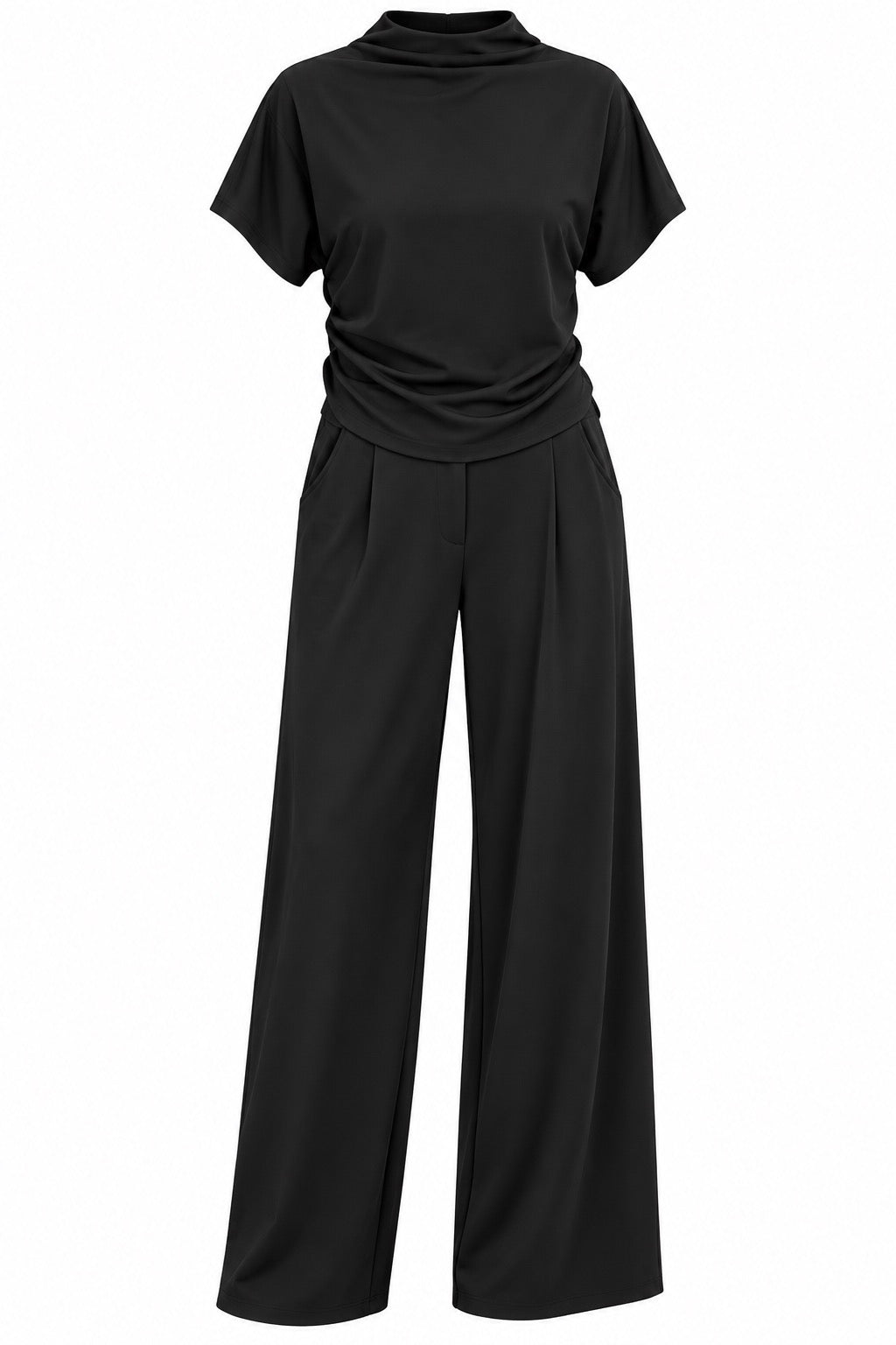 Solange Draped Mock Neck Top w/ Flowy Wide-Leg Pants
