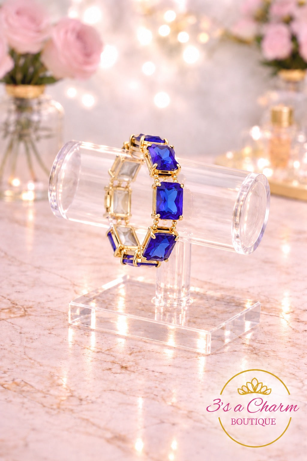 Emerald Cut Stone Stretch Evening Bracelet - Royal Blue