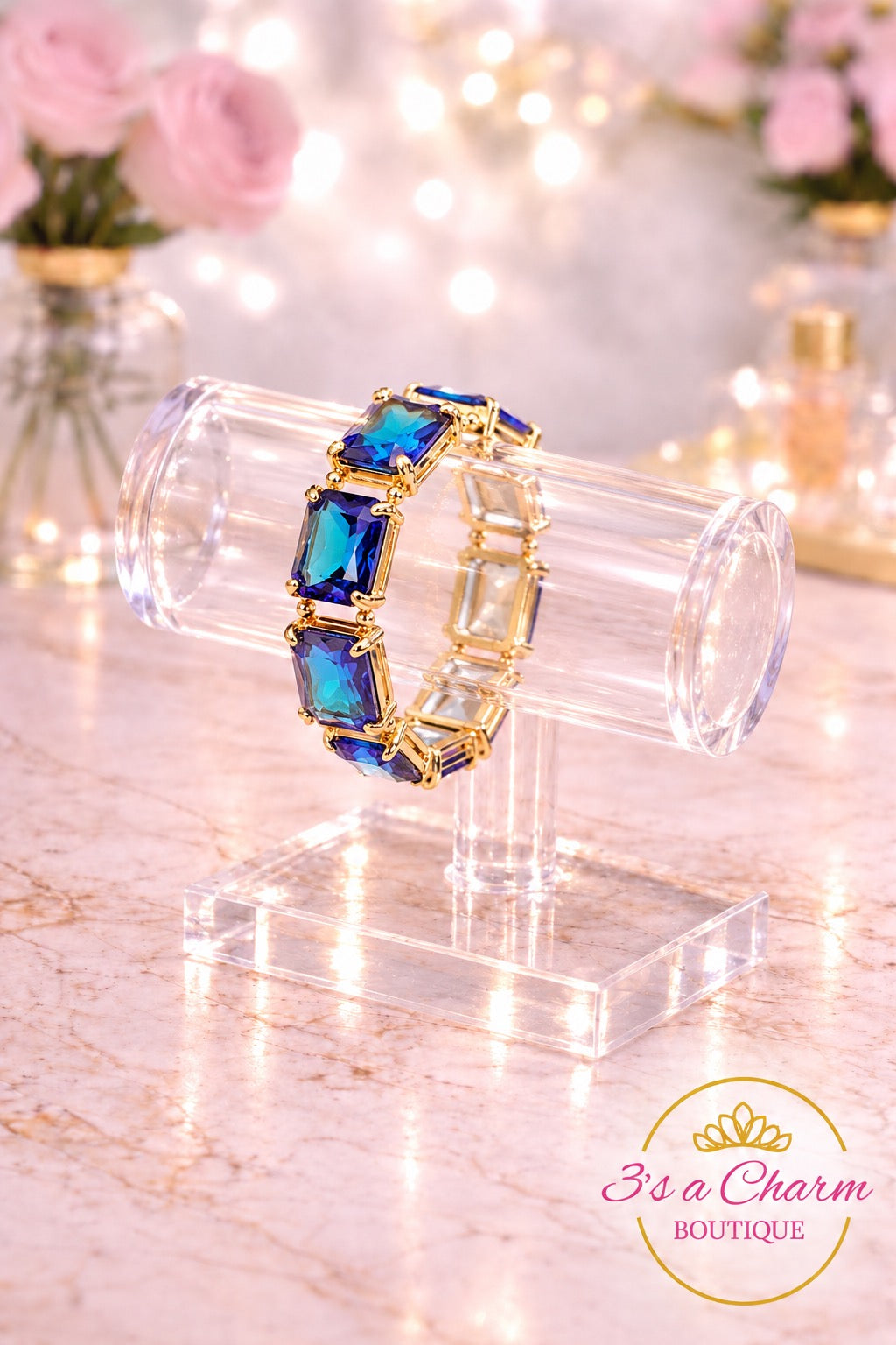 Emerald Cut Stone Stretch Evening Bracelet -  AB Blue