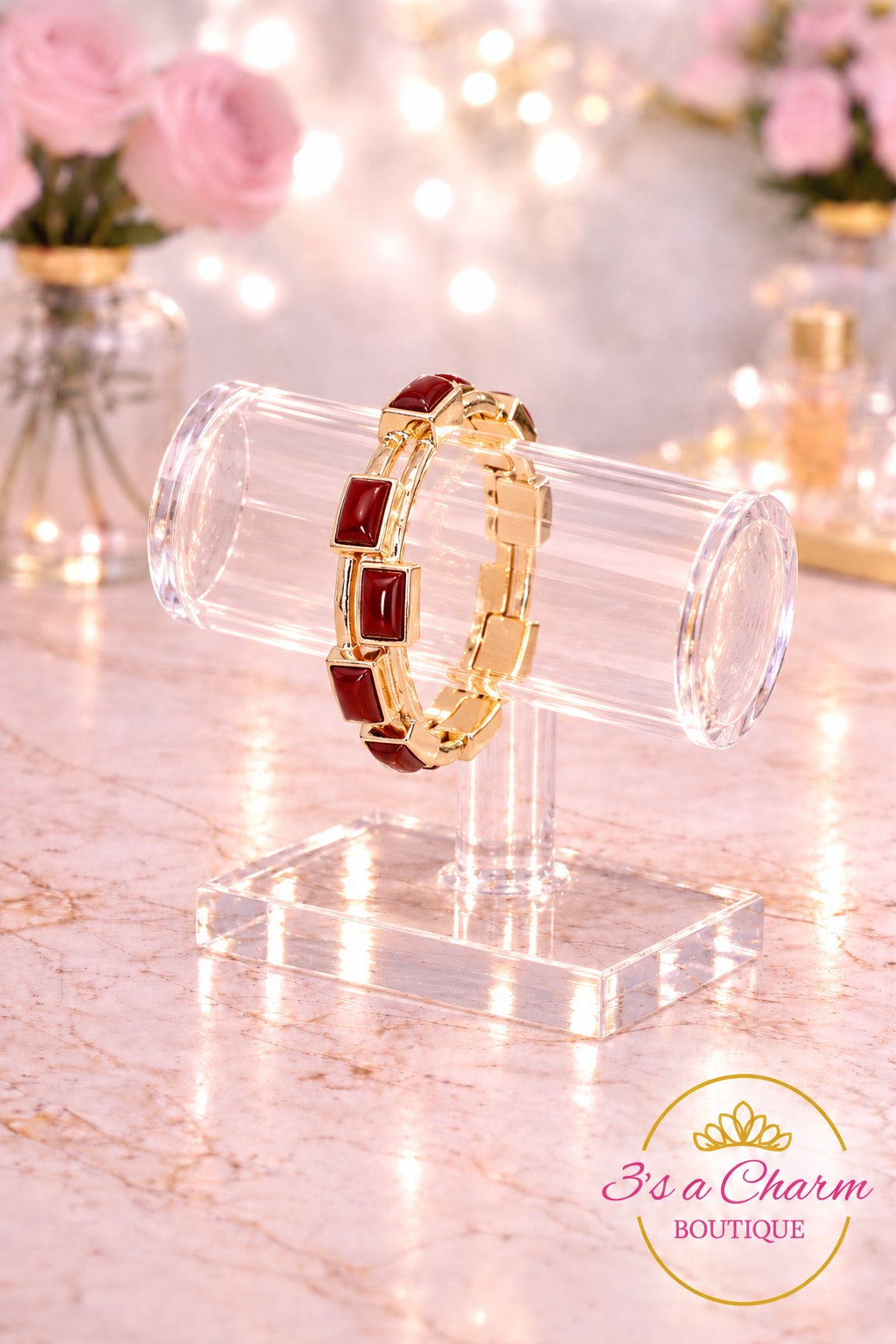 Retangle Cabochon Bangle Bracelet -Red