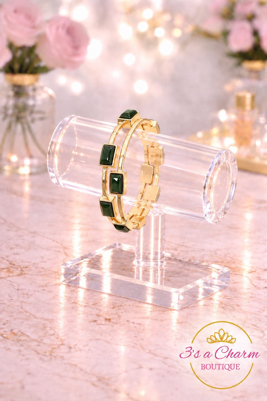 Retangle Cabochon Bangle Bracelet - Green