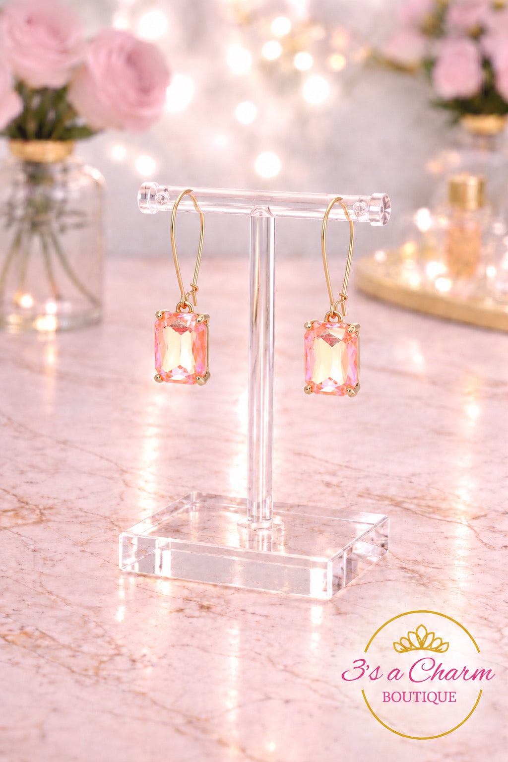 Emerald Cut Stone Dangle Earrings - AB Or