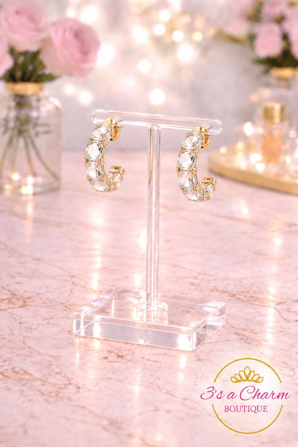 Faceted Rectangular Gem Curved Hoop Earrings