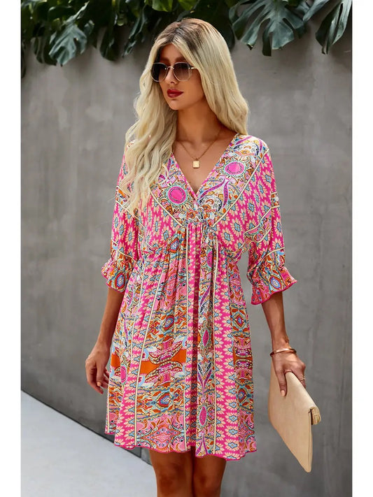 Boho Print Wrap Neck Tie Back Pleated Hem Dress