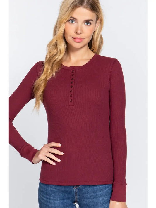 Waffle Knit Henley Long-sleeved Top Wine