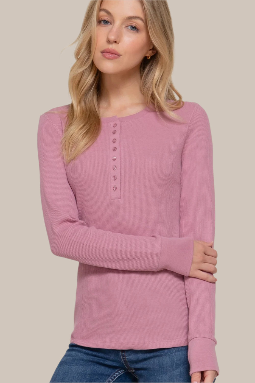 Waffle Knit Henley Long-sleeved Top Mauve