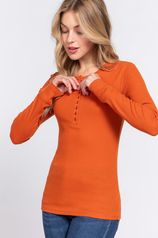 Waffle Knit Henley Long-sleeved Top Orange