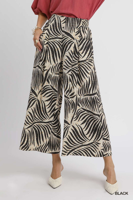 Audrey Palm Leaf Print Wide Leg Culotte Pants Black