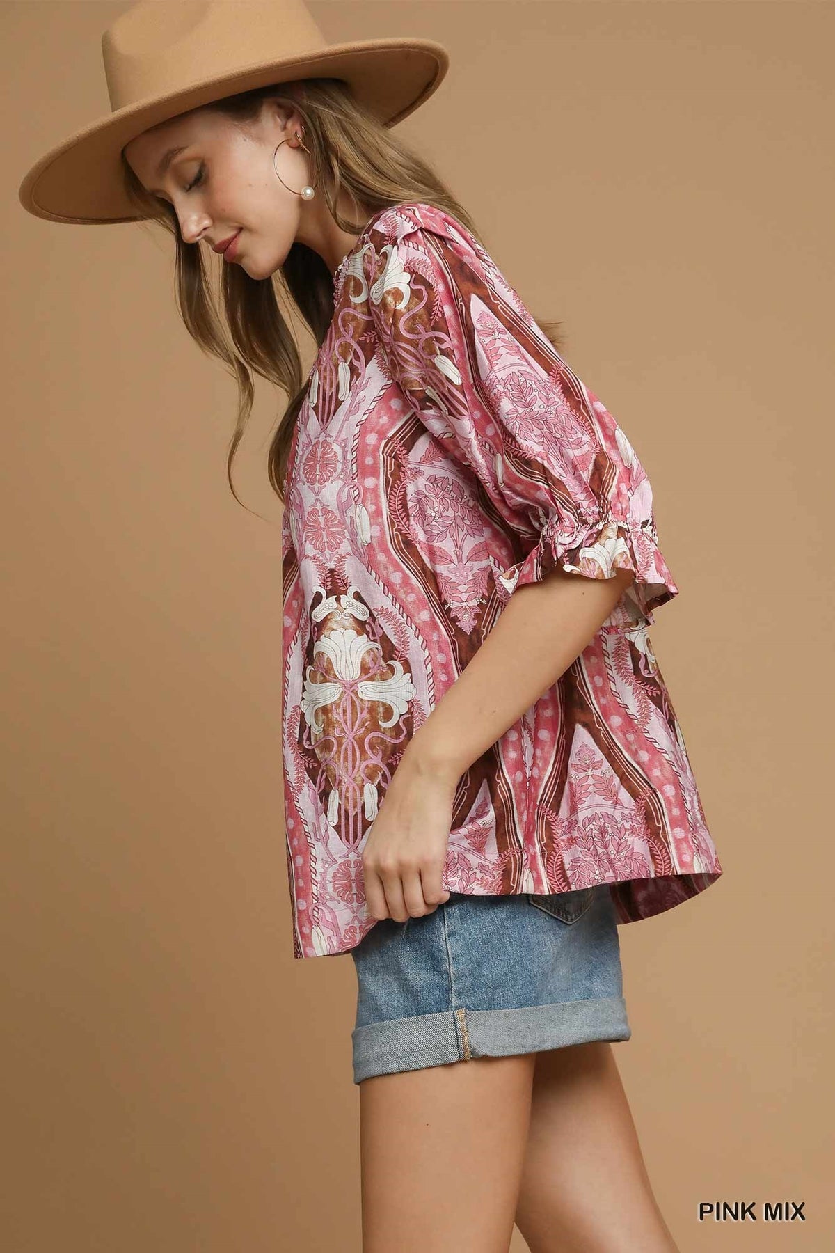Laurel Abstract Print V-Neck Blouse Pink Mix