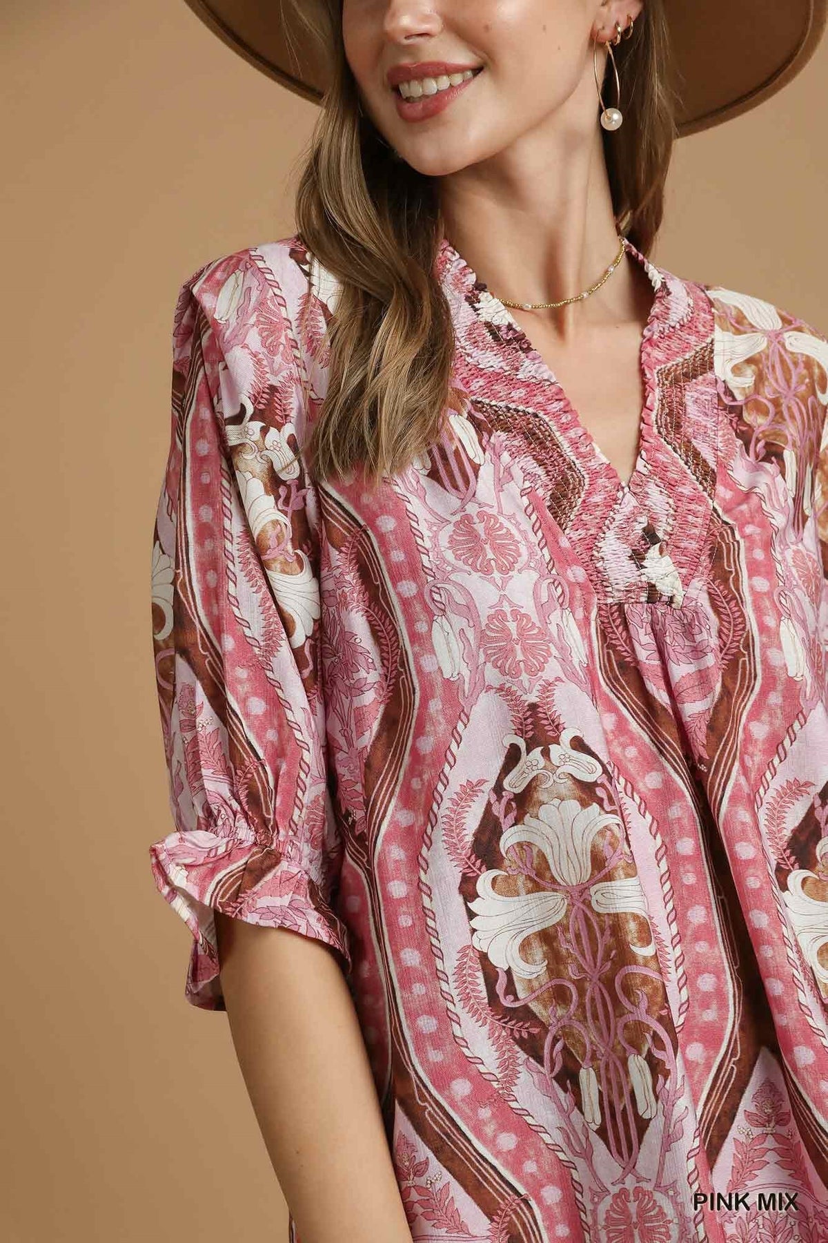 Laurel Abstract Print V-Neck Blouse Pink Mix