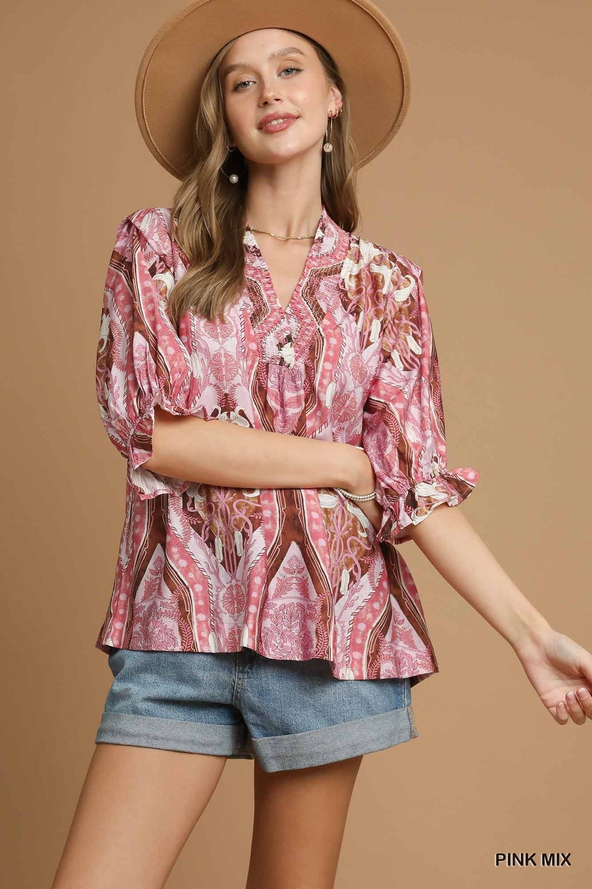 Laurel Abstract Print V-Neck Blouse Pink Mix