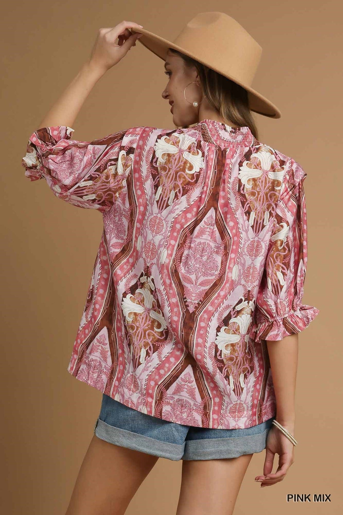Laurel Abstract Print V-Neck Blouse Pink Mix