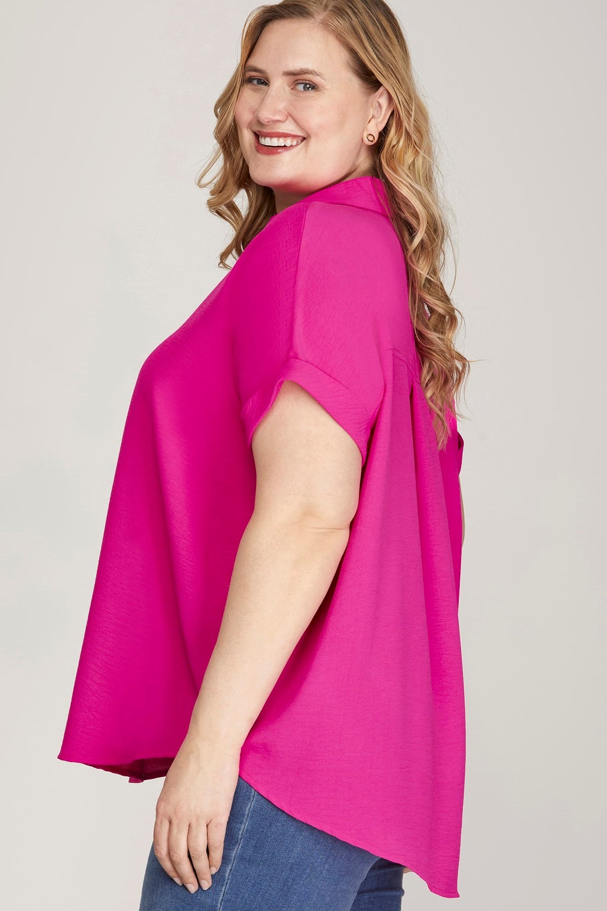 Camryn Drop Shoulder Collar Top Hot Pink