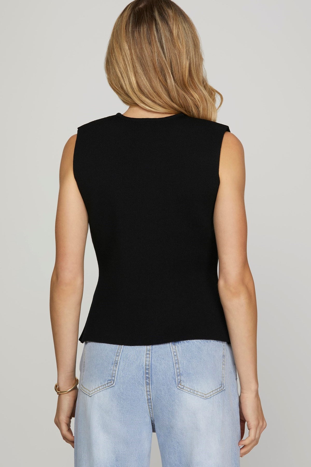 Reese Sleeveless Gold Button Vest Black