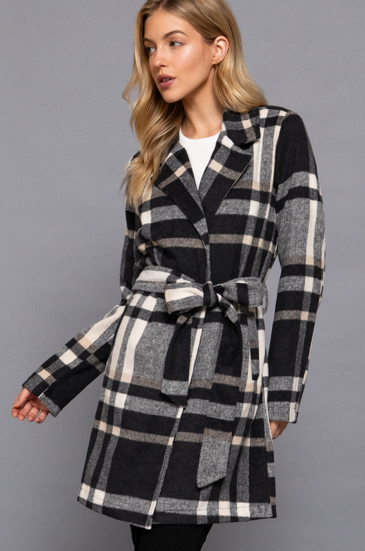 Ivy Long Sleeve Belted Plaid Woven Jacket Black/Taupe
