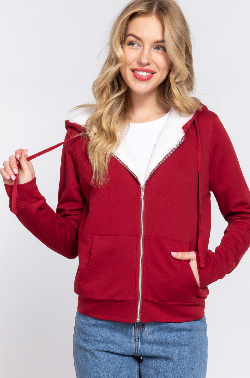 Emery Faux Fur Hoodie French Terry Jacket Vintage Wine