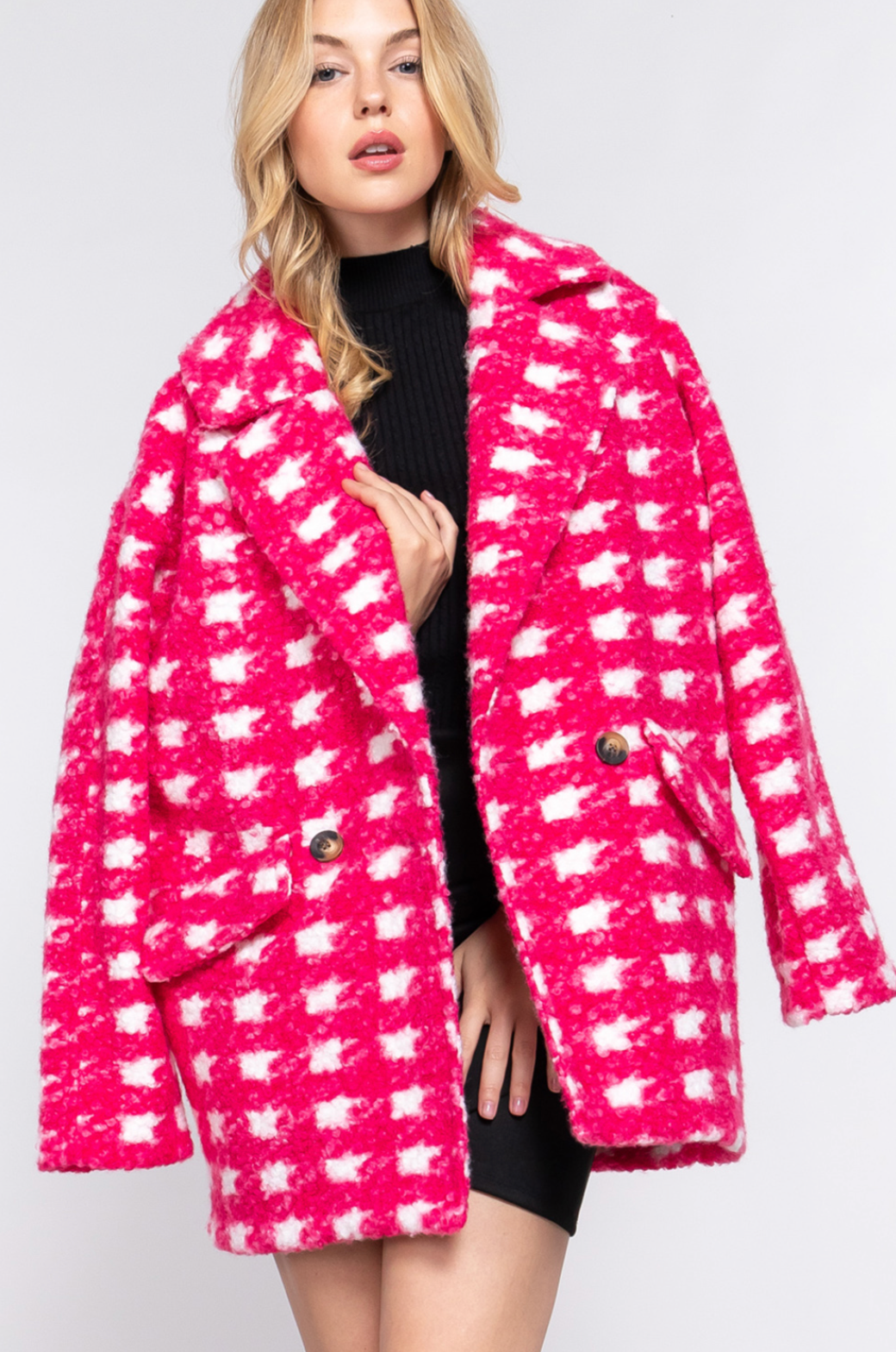 Sadie Check Print Boucle Fleece Coat Fuchsia