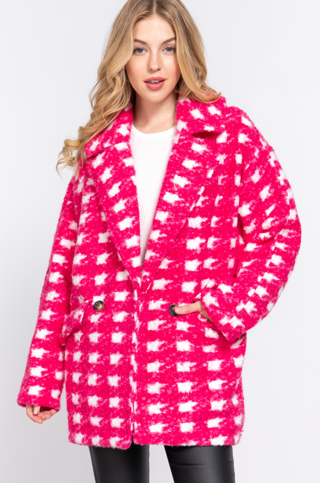 Sadie Check Print Boucle Fleece Coat Fuchsia